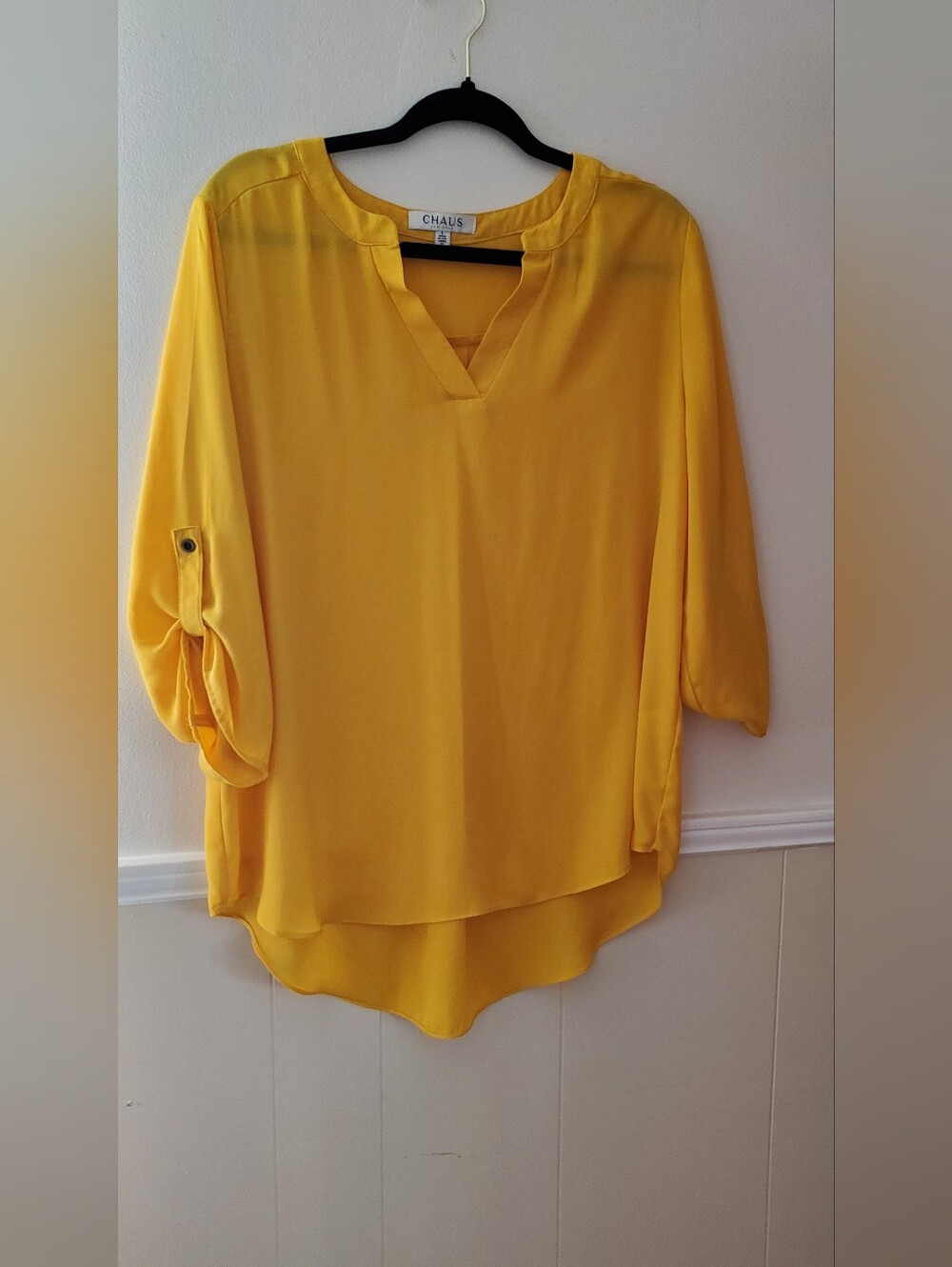 Chaus Bright Yellow V-Neck Roll-Tab Blouse